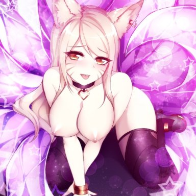 league of legends, ahri, foxykuro, animal ears, breasts, choker, completely nude, looking at viewer, nipples, thighhighs