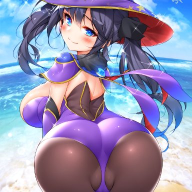 genshin impact, mona (genshin impact), sugihara (sugihara2000), 1girls, alternate breast size, ass, ass focus, ass shot, back, back view, beach, black hair, blue eyes, blush, breasts