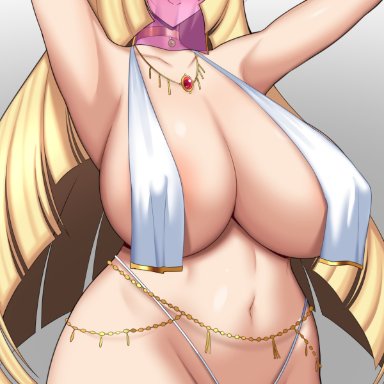 nintendo, pokemon, pokemon sm, lusamine (pokemon), tanaken, 1girls, alternate breast size, armpits, arms behind head, arms up, barely clothed, blonde hair, blush, breasts, dancer
