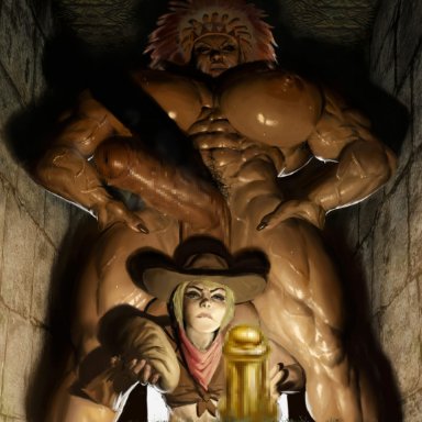 indiana jones (cosplay), ganto18, 1boy, 1futa, bottomless, breasts, clothed, clothing, dark-skinned futanari, dark skin, duo, erection, femboy, futanari, gigantic penis