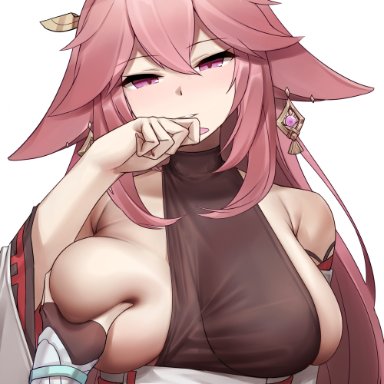 genshin impact, yae miko, mung, 1girls, breast grab, breasts, detached sleeves, ear piercing, female, female only, fox ears, fox girl, hair ornament, huge breasts, kitsune