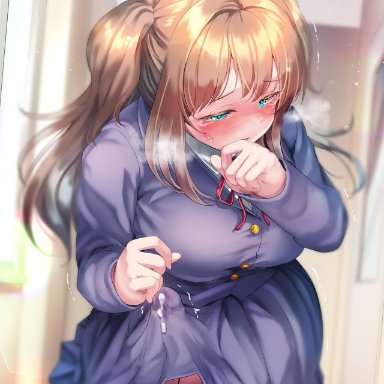 ayanakitori, 1futa, after orgasm, bent over, blue eyes, blush, breasts, brown hair, bulge, clothed, clothing, cum, cum in clothes, cumdrip, erection