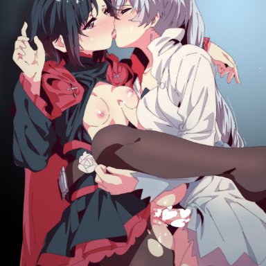 rwby, ruby rose, weiss schnee, hahahawo, 1futa, 1girls, areolae, balls, black hair, breasts, clothed, clothing, cross, duo, female