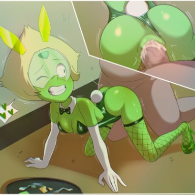 cartoon network, steven universe, peridot (steven universe), steven quartz universe, h space, hspace, anus, athletic female, breasts, bunny ears, clothing, costume, doggy style, fat man, green body