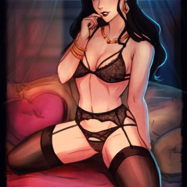 avatar the last airbender, the legend of korra, asami sato, iahfy, 1girls, bra, breasts, cleavage, female, female only, lingerie, looking at viewer, panties, solo, thighhighs