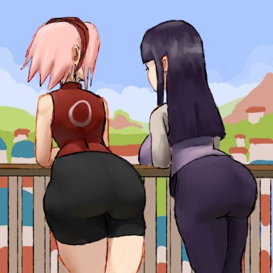 naruto, naruto (series), naruto shippuden, hyuuga hinata, sakura haruno, lustysun, 2girls, ass, background, big ass, bike shorts, black hair, clothing, huge ass, huge breasts