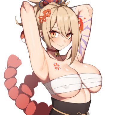 genshin impact, yoimiya (genshin impact), hanenosaki, 1girls, armpits, arms up, bandage, blonde hair, breast tattoo, breasts, busty, choker, cleavage, female, large breasts