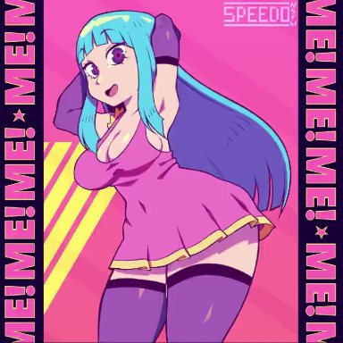 me!me!me!, meme (me!me!me!), speedosausage, 1girls, armpits, bikini, blinking, blue hair, breasts, dancing, dress, long hair, looking at viewer, navel, open mouth