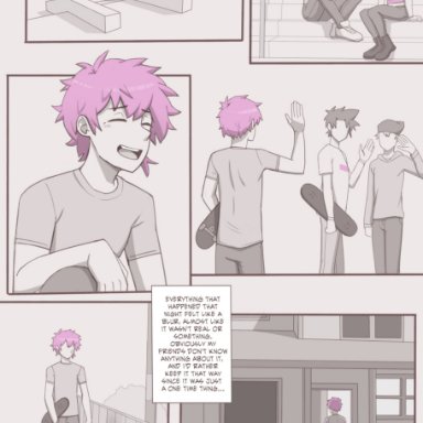 skater boi (dross), dross, clothing, pink hair, skateboard, comic, comic page, english text, tagme, text