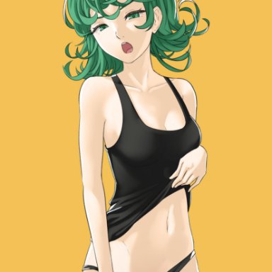 one-punch man, tatsumaki, pomelomelon1, 1girls, ahoge, bare shoulders, black panties, black tank top, breasts, cleavage, clothes lift, collarbone, cowboy shot, cowlick, curly hair