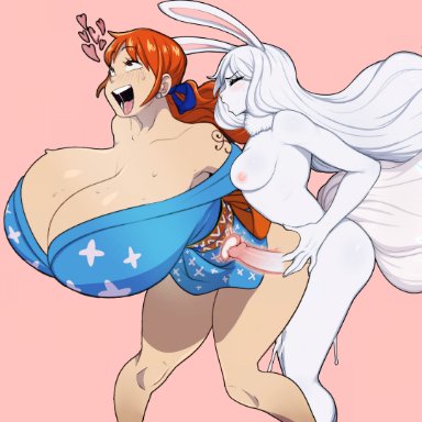 one piece, carrot (one piece), nami, sulong carrot, afrobull, mahmapuu, ahe gao, anthro, anthro on human, anthro penetrating, areolae, ass grab, big ass, big breasts, big penis