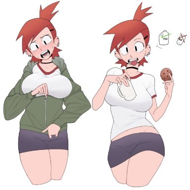 frankie foster, mr fish corpse, big breasts, choker, clothes, clothing, cookies, earrings, green jacket, jacket, milk, older sister, plain background, red hair, shirt