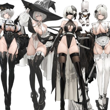 nier: automata, nier (series), yorha 2b, dishwasher1910, 1girls, alternate costume, apron, bangs, bare shoulders, black blindfold, black bow, black footwear, black gloves, black headwear, black leotard