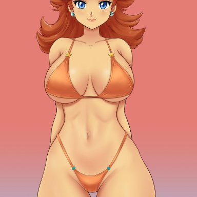 mario (series), nintendo, princess daisy, chronosth1, 1girls, arms behind back, big breasts, bikini, blue eyes, breasts, brown hair, busty, child bearing hips, cleavage, earrings