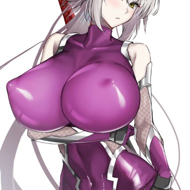 fate/grand order, fate (series), taimanin (series), taimanin asagi, igawa asagi (cosplay), jeanne alter, kaoru1307, 1girls, ahoge, bodysuit, breasts, cosplay, erect nipples, erect nipples under clothes, female