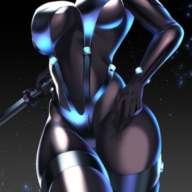 gantz, nier: automata, yorha 2b, volyz, 1girls, alternate body type, alternate costume, big breasts, blue eyes, blush, bodysuit, breasts, busty, curvaceous, curvy