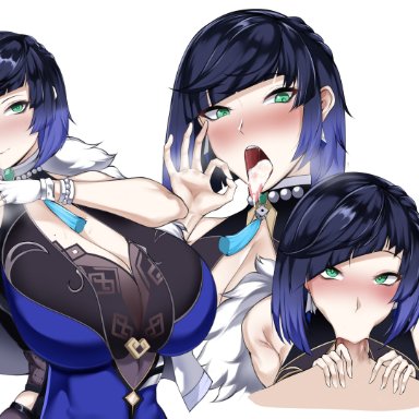 genshin impact, yelan (genshin impact), owner (artist), 1boy, 1girls, :&gt;=, armpits, arms up, bangs, bare shoulders, big breasts, blowjob, blue eyes, blue hair, blush