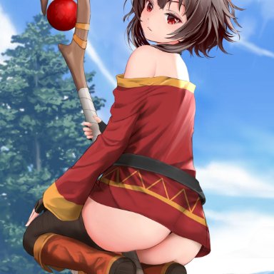 megumin, gibun (sozoshu), 1girls, ass, bare shoulders, belt, between legs, black choker, black gloves, black legwear, black panties, black underwear, boots, brown footwear, brown hair