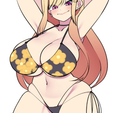 sono bisque doll wa koi wo suru, kitagawa marin, bellupup, 1girls, armpits, big breasts, bikini, bikini bottom, bikini top, blonde hair, bottomwear, breasts, clothing, earrings, female