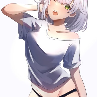 genshin impact, mihoyo, noelle (genshin impact), mxsoundtube, black panties, braid, cowboy shot, female, green eyes, looking at viewer, one eye closed, only female, open mouth, panties, shirt