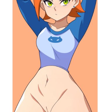 ben 10, cartoon network, gwen tennyson, abysswatchers, 1girls, arms behind head, arms up, bare thighs, blue clothing, blue shirt, bottomless, female, female only, green eyes, hourglass figure