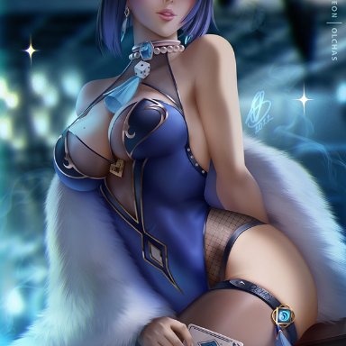 genshin impact, yelan (genshin impact), olchas, 1girls, abs, arched back, bangs, bare shoulders, big breasts, blue hair, blush, bodysuit, boob window, breasts, bunny ears