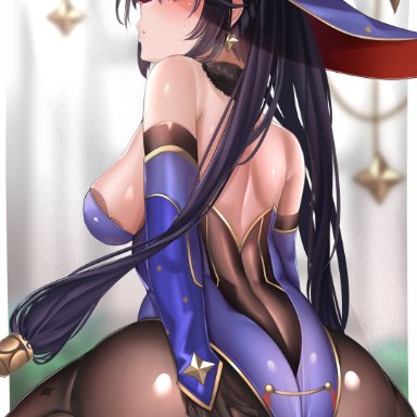 genshin impact, mona (genshin impact), keishi surota, 1girls, asa, ass, ass focus, ass shot, back, back view, black hair, blush, breasts, bubble butt, feet in stockings