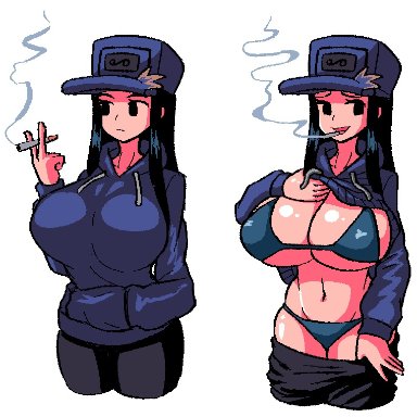 friday night funkin, cassette girl, big breasts, bikini, blue bikini, breasts, cigarette, exposed breasts, female only, hoodie, smoking