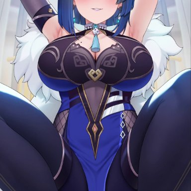 genshin impact, yelan (genshin impact), fukuro ko (greentea), 1girls, abs, armpits, arms up, bangs, big breasts, blue hair, blush, bodysuit, boob window, breasts, cleavage