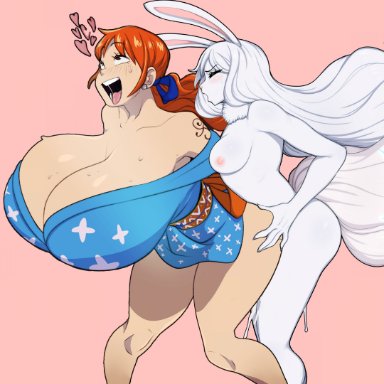 one piece, carrot (one piece), nami, sulong carrot, afrobull, mahmapuu, ahe gao, anthro, anthro on human, anthro penetrating, areolae, ass grab, big ass, big breasts, big penis