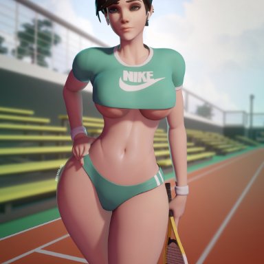 blizzard entertainment, nike, tracer, breadblack, 1girls, bored, bored expression, breasts, breasts outside, brown hair, child bearing hips, crop top, earphones, female, female only