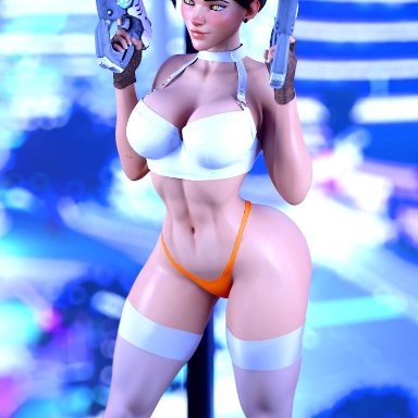 blizzard entertainment, overwatch, slushe (website), tracer, str4hl, 1girls, abs, clothed, clothing, depth of field, female, female only, holding gun, holding object, holding weapon