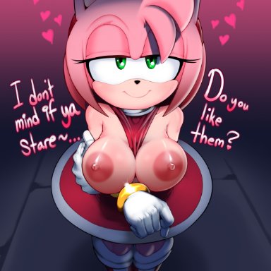 sega, sonic (series), sonic the hedgehog (series), amy rose, delicioussoup, &lt;3, 1girls, accessory, anthro, areola, areolae, bare shoulders, bedroom eyes, big areola, big areolae