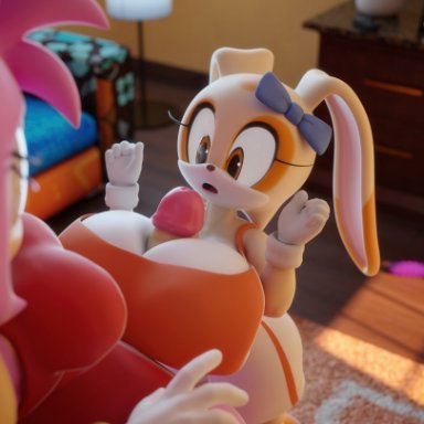 sega, sonic the hedgehog (series), amy rose, cream the rabbit, daws19, accessory, anthro, big breasts, big penis, breast play, breasts, brown eyes, cleavage, clothed, clothing