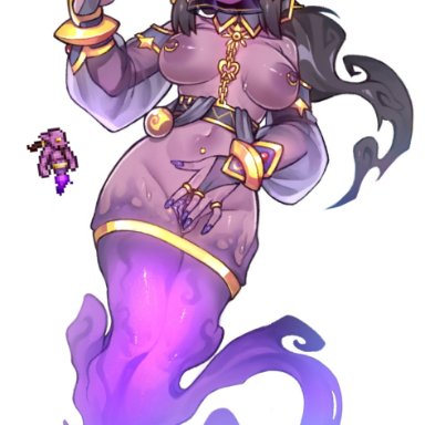 terraria, nyong nyong, 1other, :d, ahoge, arabian clothes, armlet, bare shoulders, black hair, breasts, chains, clitoris, clothing request, collarbone, colored skin