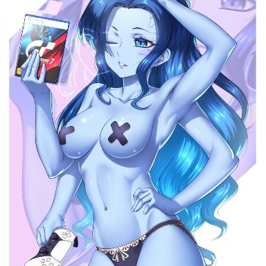 elden ring, fromsoftware, gran turismo, playstation, playstation 5, ranni the witch, etchimune, 4 arms, big breasts, blue eyes, blue hair, blue skin, gaming, hand on hip, imminent gaming