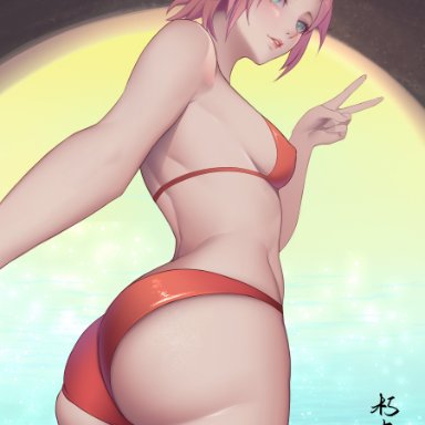 naruto, naruto (series), sakura haruno, xiumu bianzhou, 1female, 1girl, 1girls, ass, bangs, bikini, breasts, cowboy shot, eyebrows visible through hair, eyelashes, female