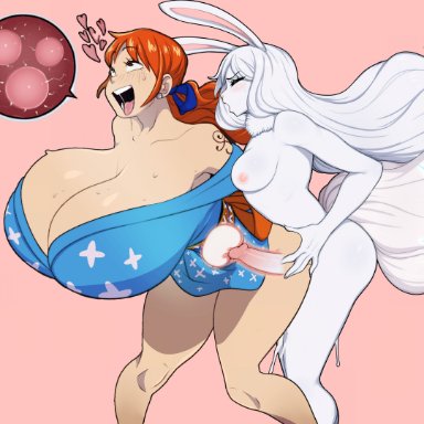 one piece, carrot (one piece), nami, sulong carrot, afrobull, mahmapuu, ahe gao, anthro, anthro on human, anthro penetrating, areolae, ass grab, big ass, big breasts, big penis