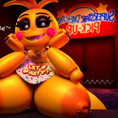 five nights at freddy's, five nights at freddy's 2, toy chica (fnaf), c4d max, heart-shaped pupils, large breasts, looking at viewer, nipple piercing, nipples