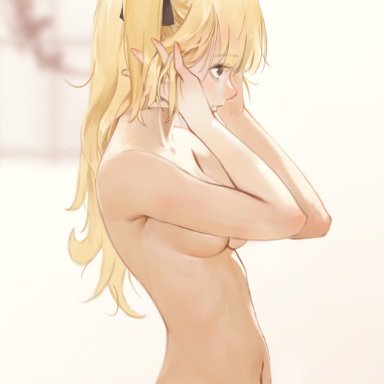 genshin impact, fischl (genshin impact), midfinger22, 1girls, adjusting hair, asymmetrical legwear, bare shoulders, blonde hair, breasts, brown eyes, cute, female, female only, hands in hair, hands up