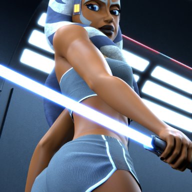 star wars, ahsoka tano, togruta, gladionanimated, 1girls, abs, alien, alien girl, alternate costume, ass, ass focus, eye contact, fit, fit female, gym clothes