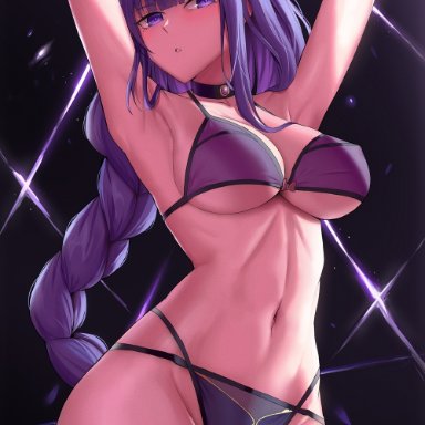 genshin impact, raiden shogun, kakeku, 1girls, armpits, bikini, braid, choker, curvy, looking at viewer, milf, mole, mole under eye, purple bikini, swimwear