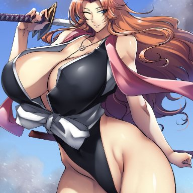 bleach, matsumoto rangiku, haganef, 1girls, adapted costume, almost naked, bare arms, bare legs, bare shoulders, bare thighs, barely clothed, beauty mark, big breasts, blue eyes, breasts