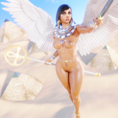 overwatch, pharah, nemesis 3d, 1girls, abs, angel, angel wings, big breasts, black hair, breasts, dark-skinned female, egyptian, egyptian clothes, female, female only