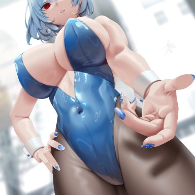 last origin, titania frost, teddyellow, 1girls, animal ears, bare shoulders, black legwear, blue eyes, blue leotard, blue nails, blurry, blurry background, breasts, cleavage, covered navel