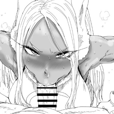 my hero academia, miruko, rumi usagiyama, kaiman garupan, 1boy, 1boy1girl, 1girls, angry, bangs, blush, breasts, cum, cum in nose, dark-skinned female, fellatio