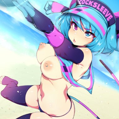 original, original character, vomi agogo, slugbox, 1girls, animal ears, areolae, beach, blue eyes, blue hair, breasts, breasts out, erect nipples, female, female only