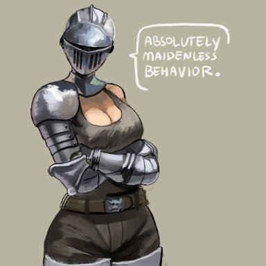 elden ring, fromsoftware, tarnished, absolutely maidenless behaviour, armor, big breasts, cleavage, crossed arms, female, female knight, helmet, insult, insulting viewer, knight, maidenless