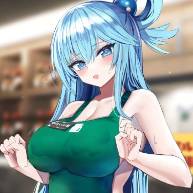 aqua (konosuba), adamant369, hanasaka houcha, 1girls, apron, blue eyes, blue hair, breasts, cafe, cleavage, female, female only, large breasts, looking at viewer, naked apron