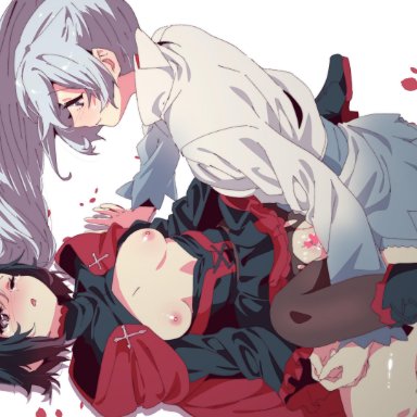 rwby, ruby rose, weiss schnee, hahahawo, 1futa, 2girls, breasts out, female, futanari, gentle femdom, human, long hair, rose petals, short hair, tears